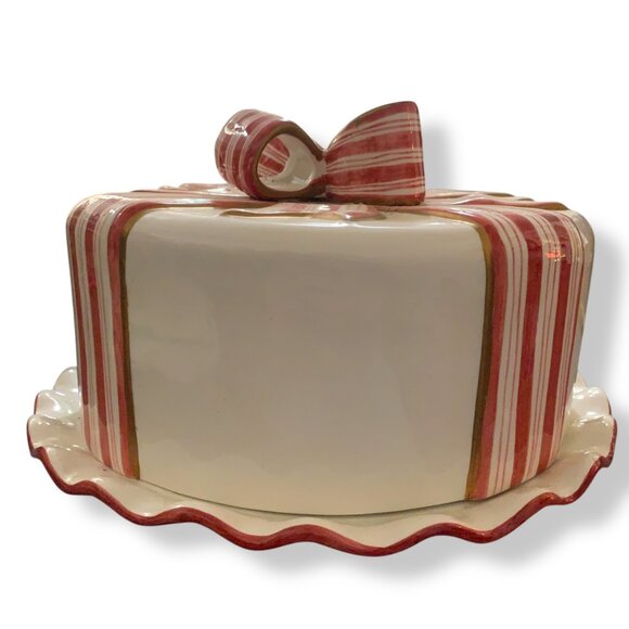 Vintage World Bazaar Large Ceramic Peppermint Swirl Bow Tie Cake Holder Holidays - Picture 2 of 8